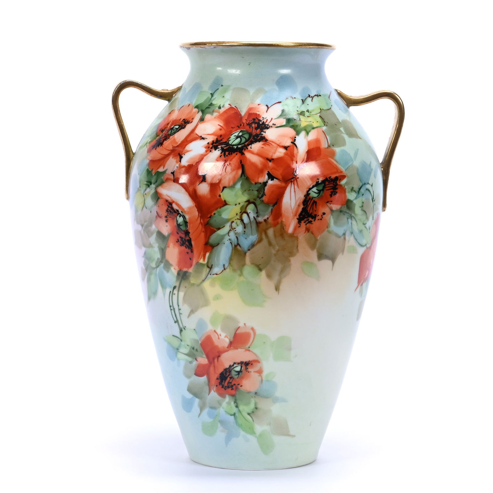 Vase, Two Handles, Marked Noritake: Vase, Two Handles, Marked Noritake, 8.5" x 6", Blue And Yellow Tones, Orange Poppy Decor, Illinois Private Collection.