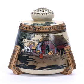 Humidor, Nippon Wreath Mark, Brown Tones With Village Scenic Decor