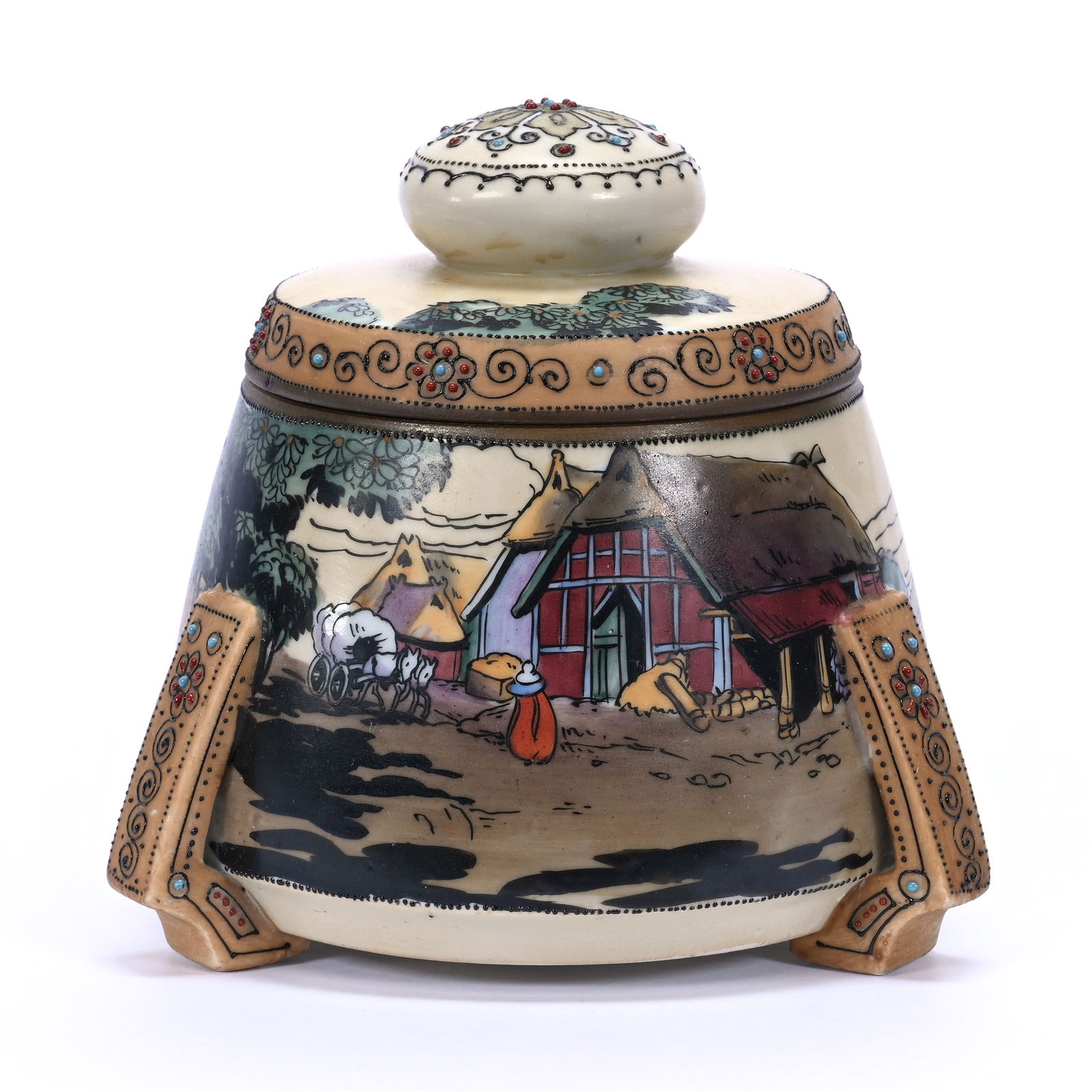 Humidor, Nippon Wreath Mark, Brown Tones With Village Scenic Decor: Humidor, Nippon Wreath Mark, Brown Tones With Village Scenic Decor, 5" x 5.25", Lid With Hard To See Hairline, Illinois Private Collection.