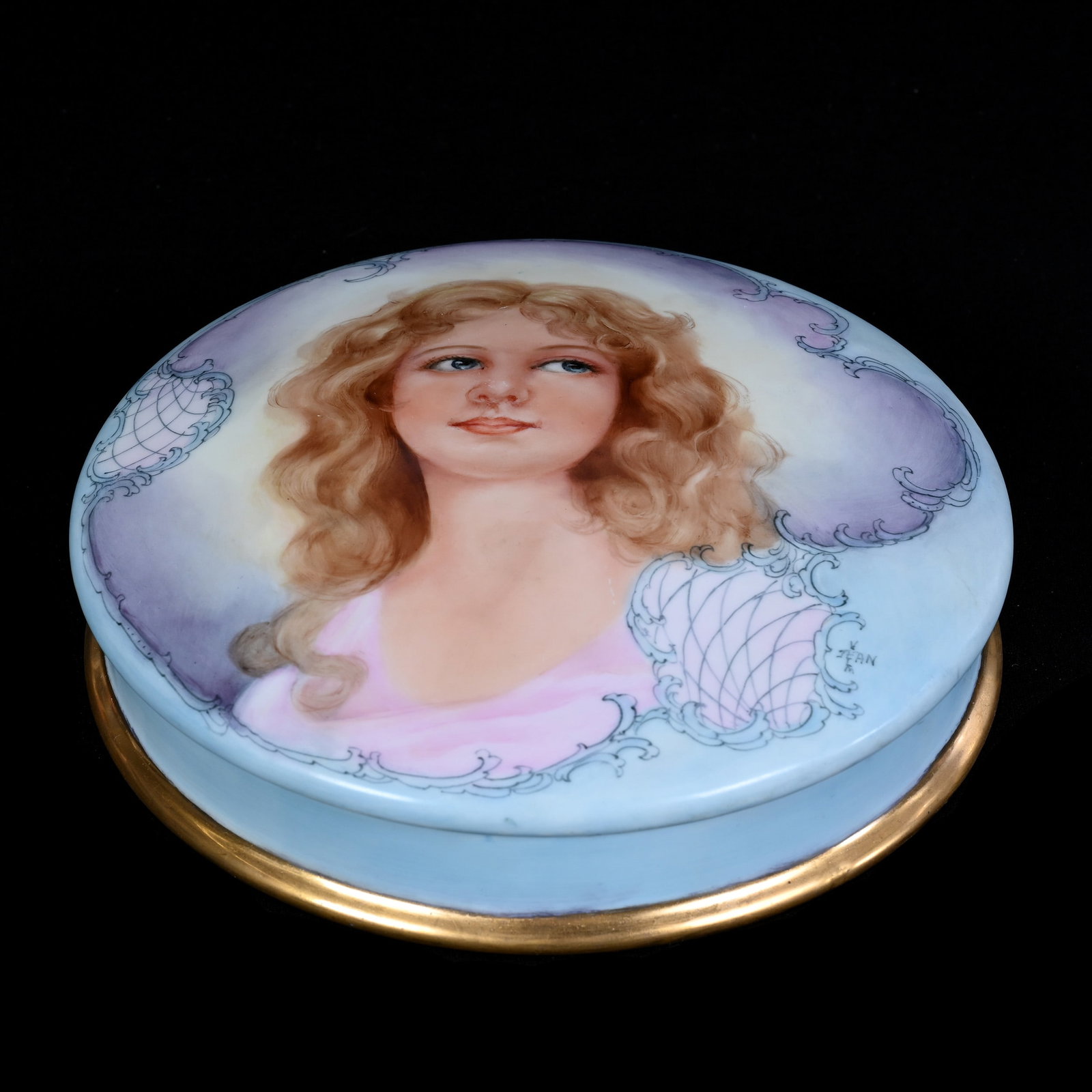 Round Vanity Box Marked Limoges, Portrait Of Young Woman, Blue And Violet Tones: Round Vanity Box Marked Limoges, Portrait Of Young Woman, Blue And Violet Tones, 2" x 7", Artist Signed "Jean Helm", Illinois Private Collection.