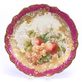 Plate Marked Limoges, Cream With Pink Border, Hand Painted Vintage And Apple Decor