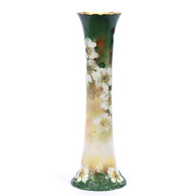 Vase, Marked Willets Belleek, Hand Painted Green And Yellow Tones With White Floral Decor