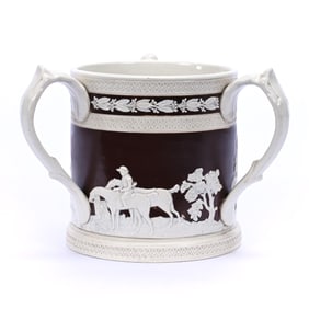 Three Handled Loving Cup Marked Spode - Classic Brown With White Relief Hound Hunt Decor