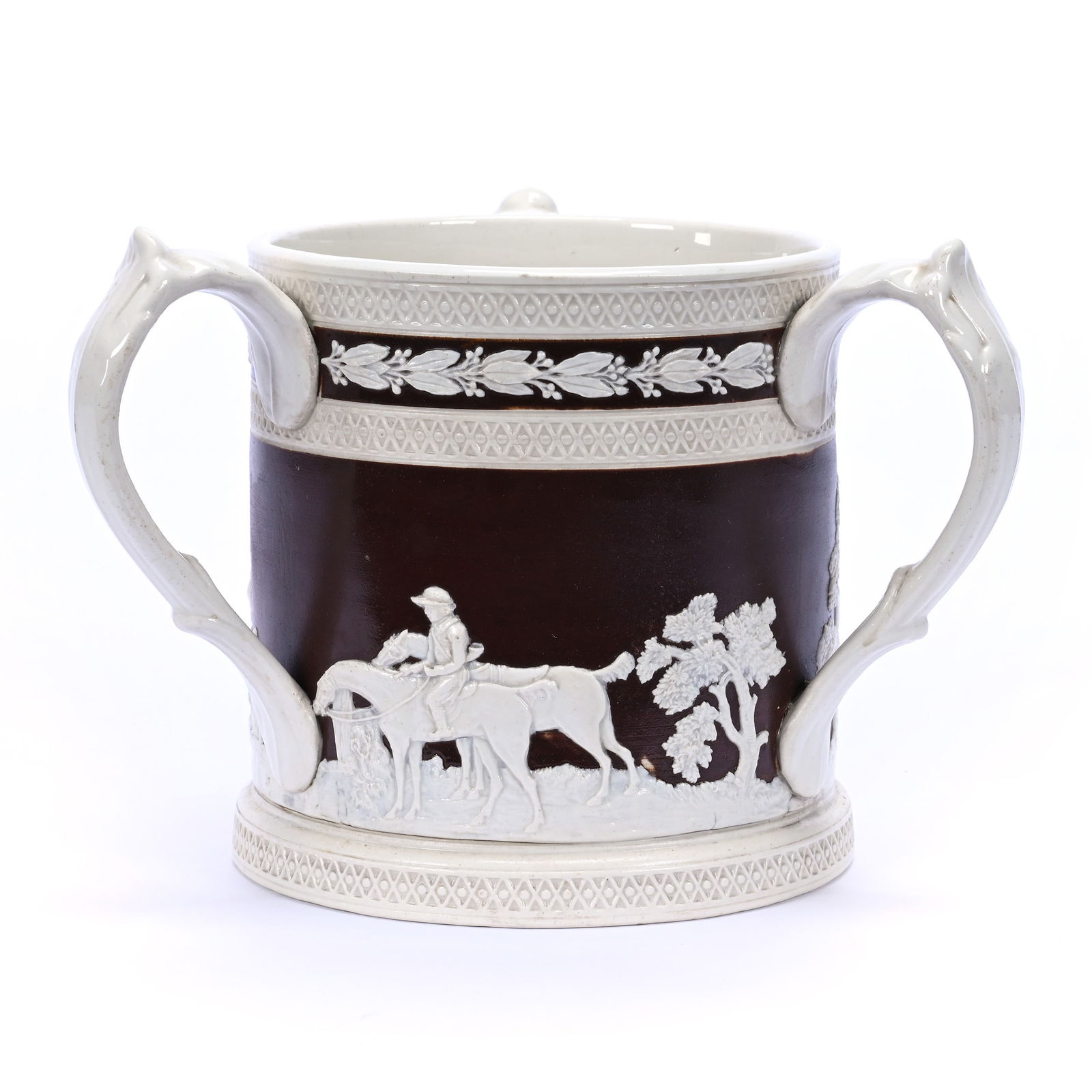 Three Handled Loving Cup Marked Spode - Classic Brown With White Relief Hound Hunt Decor (1 of 3)