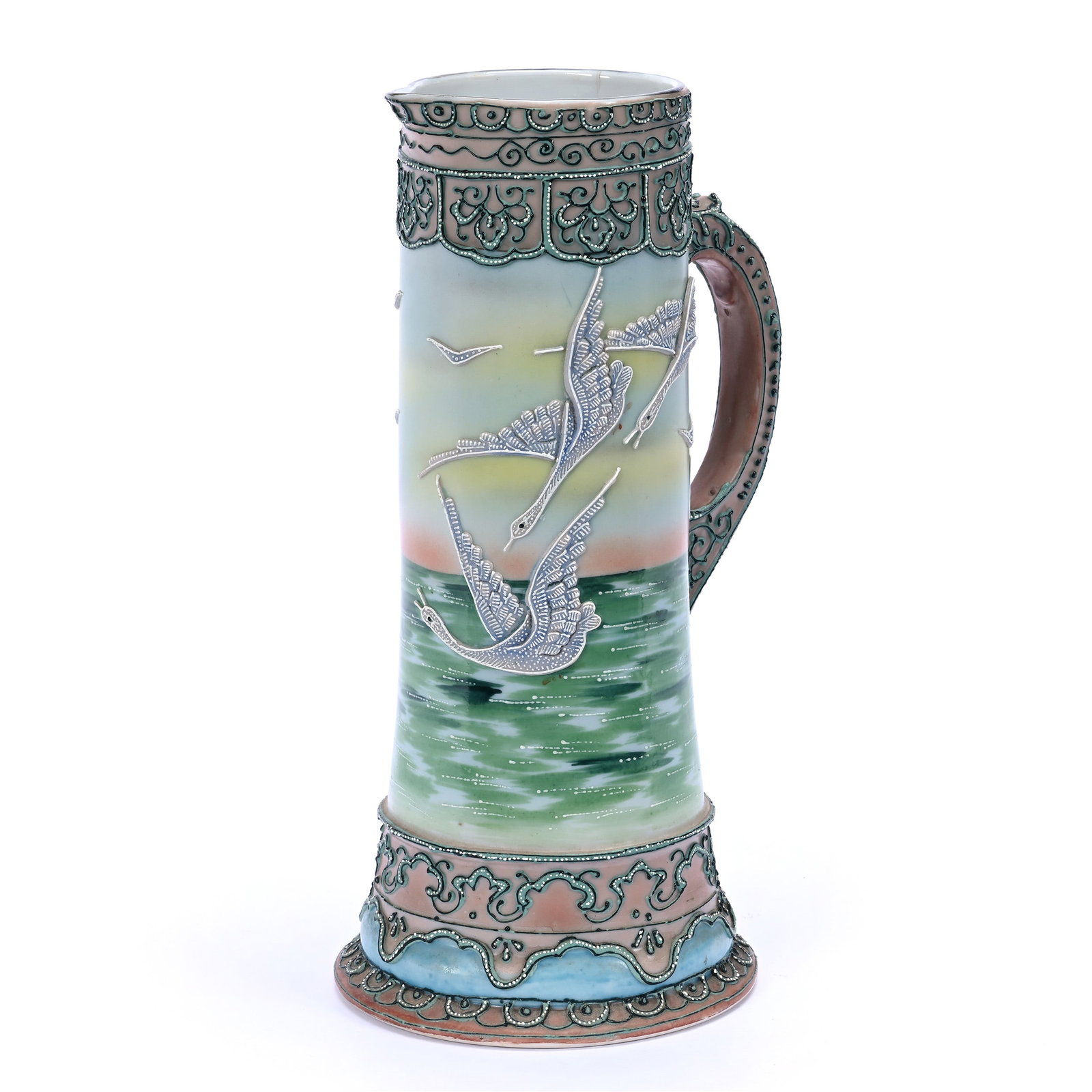 Tankard, Marked Japan With Morriage Snow Geese Scenic Decor (Faint Interior Hairline On Rim): Tankard, Marked Japan With Morriage Snow Geese Scenic Decor (Faint Interior Hairline On Rim), 10.25" x 5.5", Illinois Private Collection.
