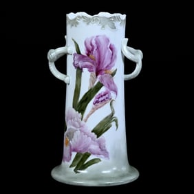 Two Handled Vase, Unmarked Limoges Vase, White And Green Tones With Hand Painted Iris Decor