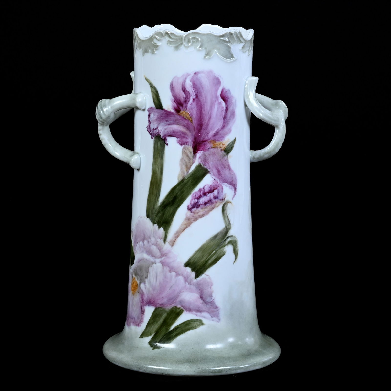 Two Handled Vase, Unmarked Limoges Vase, White And Green Tones With Hand Painted Iris Decor (1 of 4)