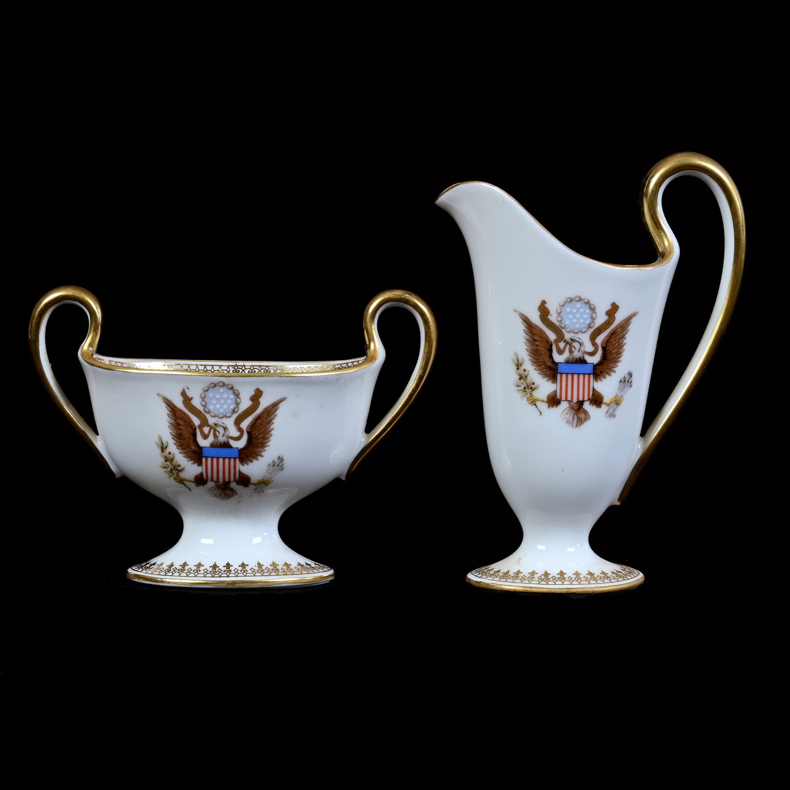 Pedestal Creamer And Sugar, Marked T&V Limoges, Presidential Commemorative: Pedestal Creamer And Sugar, Marked T&V Limoges, Presidential Commemorative, 5.5" x 5.25", White & Gold Stencil Highlights - Created For The National Remembrance Shop, Illinois Private Collection.