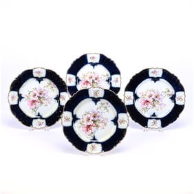 (4) Plates, Unmarked R.S. Prussia Mold #343 - White With Cobalt Blue Border, Nice Floral Decor