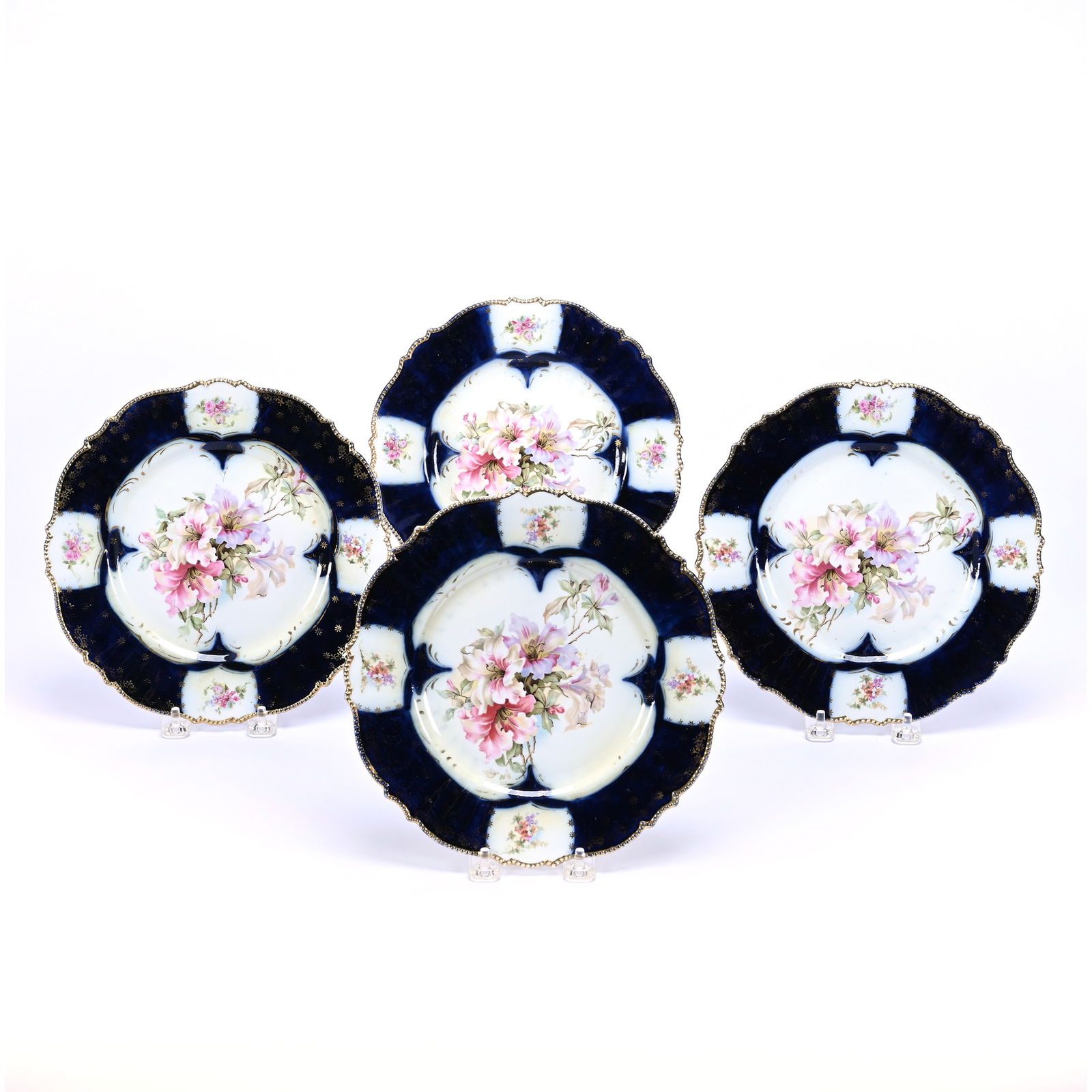 (4) Plates, Unmarked R.S. Prussia Mold #343 - White With Cobalt Blue Border, Nice Floral Decor (1 of 2)