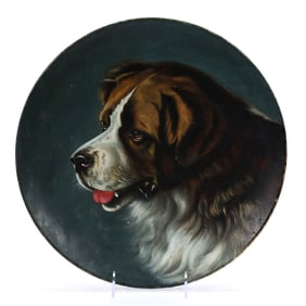 Charger, Unmarked C.F. Monroe Opal Ware, Hand Painted Saint Bernard Decor