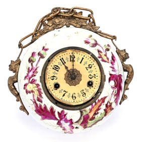 Hanging Clock, Unmarked Porcelain Donut Shaped Body With Embossed Thistle Decor