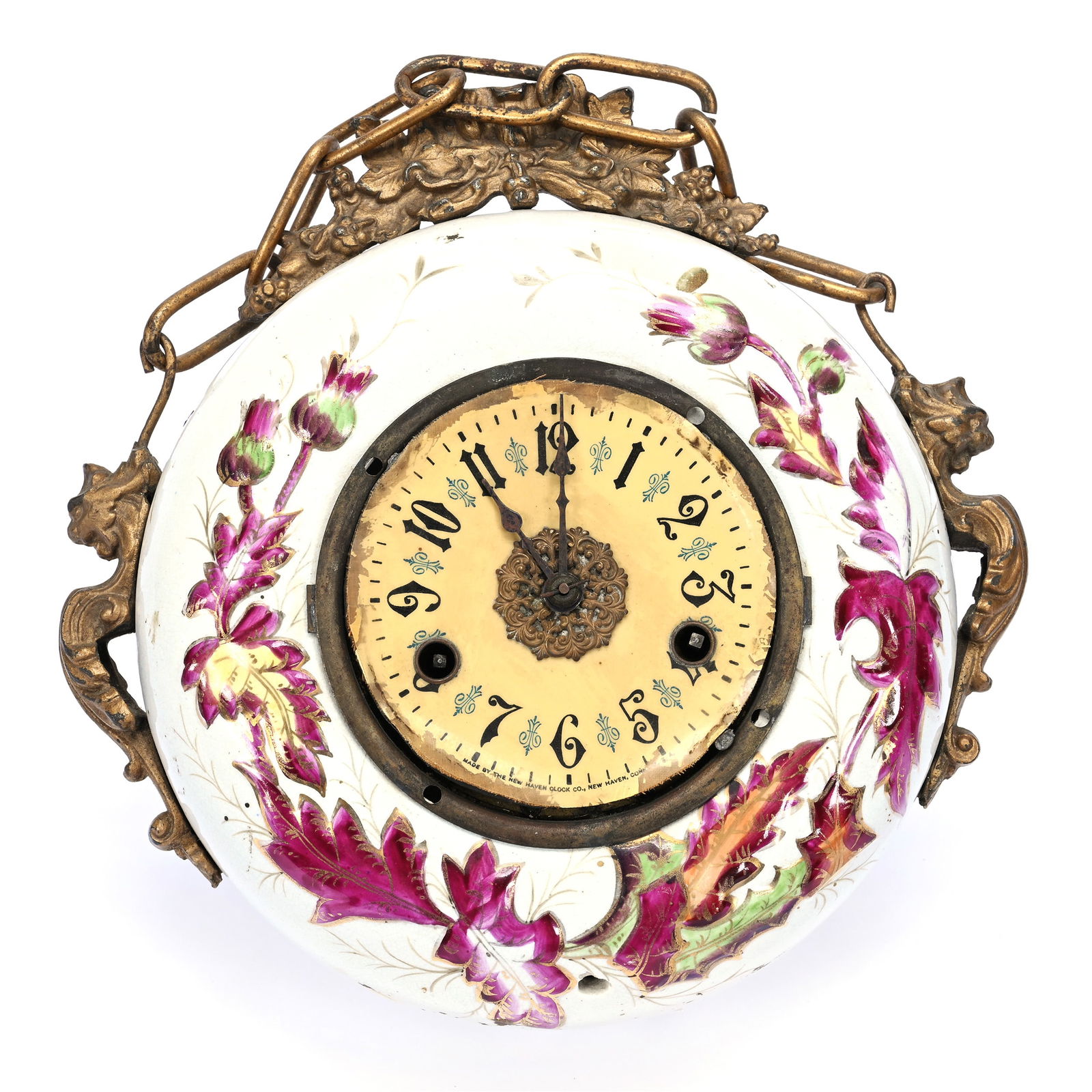 Hanging Clock, Unmarked Porcelain Donut Shaped Body With Embossed Thistle Decor (1 of 3)