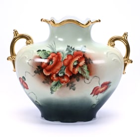 Two Handled Vase, Marked J.P. Limoges, Hand Painted Poppy Decor - Artist Signed