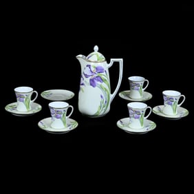 Chocolate Set, Marked Bavaria - Yellow Background With Hand Painted Iris Decor