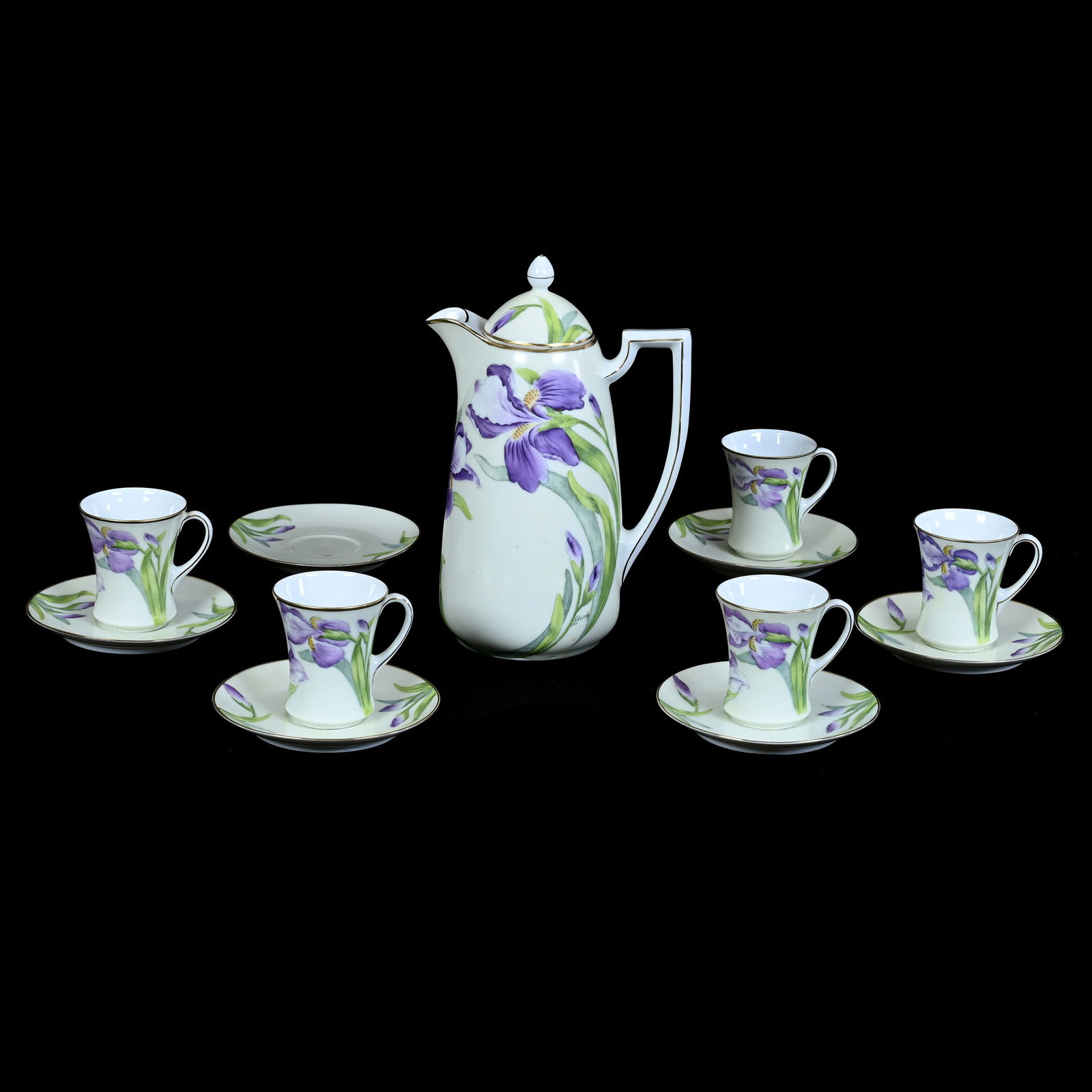 Chocolate Set, Marked Bavaria - Yellow Background With Hand Painted Iris Decor (1 of 3)