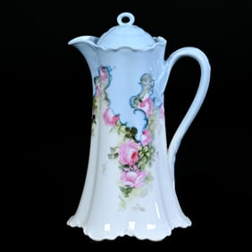 Chocolate Pot, Marked Haviland Limoges - Blue And White Tones With Pink Rose Decor