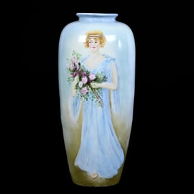 Vase, Unmarked Limoges Style, Hand Painted Scene Of Woman Holding Floral Bouquet