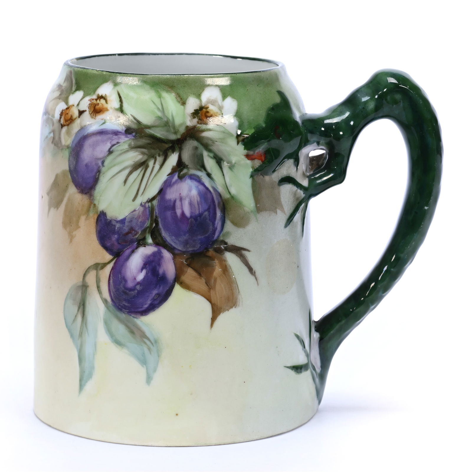 Mug, Unmarked Limoges, Figural Dragon Handle, Hand Painted Plum And Blossom Decor (1 of 3)