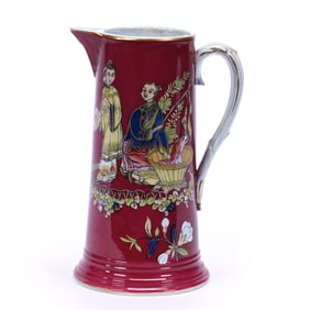 Pitcher, Unmarked Porcelain With Red Body And Colorful Oriental Decor