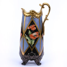 Footed Tankard, Unmarked Bavaria - Poppy Decor With Segmented Blue And Brown Tones - Gold Highlights