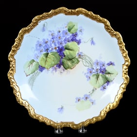 Plaque, Unmarked Limoges With Violet Decor, Heavy Gold Trim