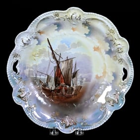 Cake Plate, Marked R.S. Prussia, Masted Schooner Scenic Decor - Lustre Finish