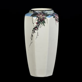 Vase, Octagonal, Marked Weller Art Pottery, Hudson Cream Tones, Blue And Green Rim