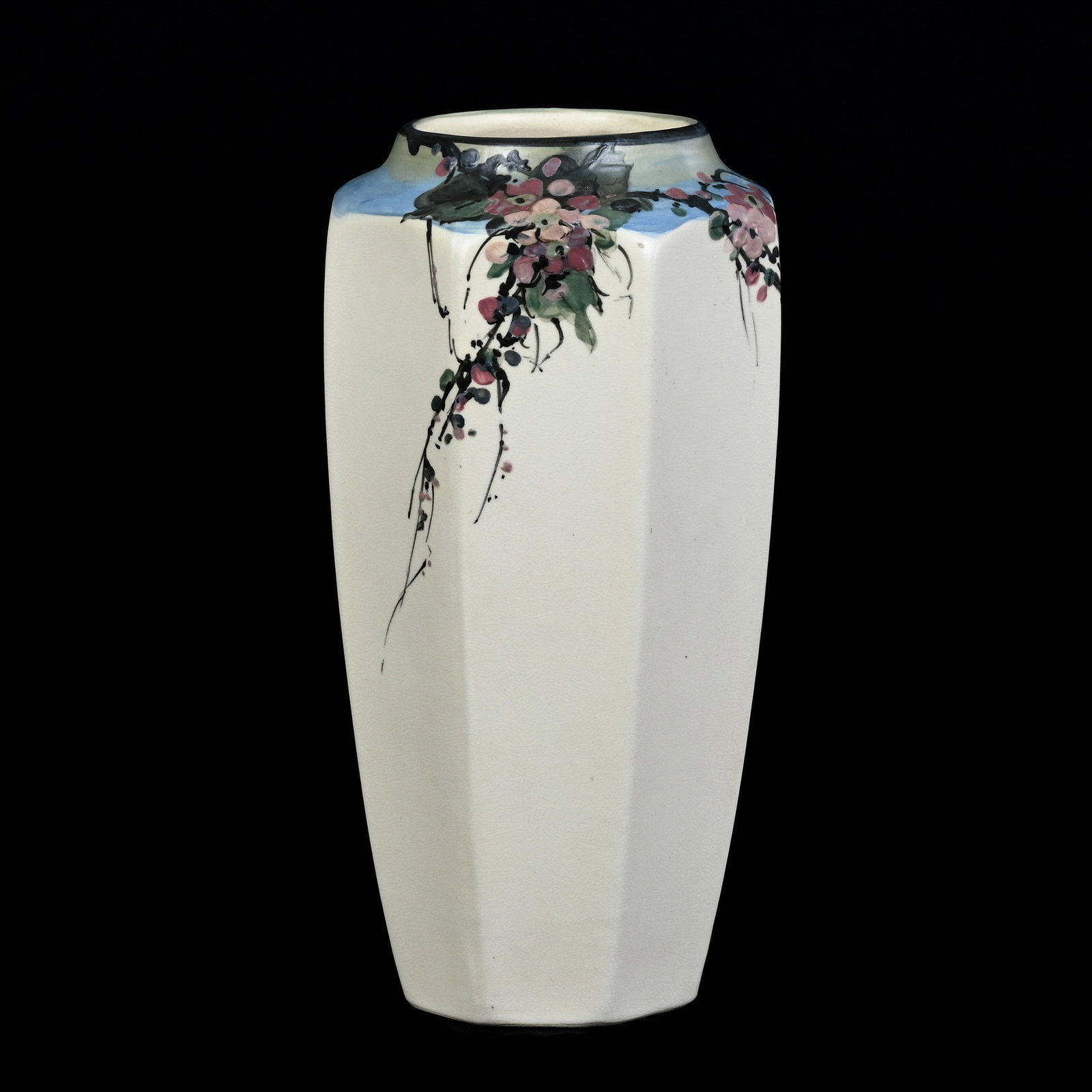 Vase, Octagonal, Marked Weller Art Pottery, Hudson Cream Tones, Blue And Green Rim: Vase, Octagonal, Marked Weller Art Pottery, Hudson Cream Tones, Blue And Green Rim, 9.5" x 4.75", Pink Floral Decor, California Private Collection.
