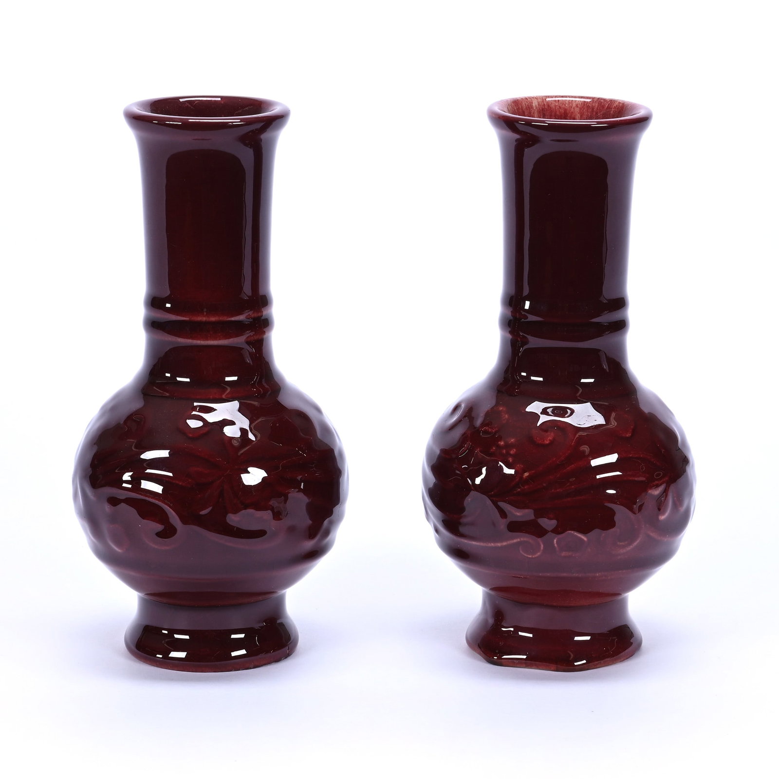 Pair Vases Marked Rookwood Art Pottery, Dated 1949, Model #2990, Pomegranate Glaze: Pair Vases Marked Rookwood Art Pottery, Dated 1949, Model #2990, Pomegranate Glaze, 6.5" x 3.25", Embossed Floral Design, California Private Collection.
