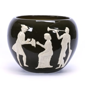 Jardiniere Marked Weller Narona Ware Art Pottery, Dark Green Ground, White Relief