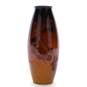 Vase Marked Weller Louwelsa Art Pottery, Light Brown Glaze With Cherry Branch Decor