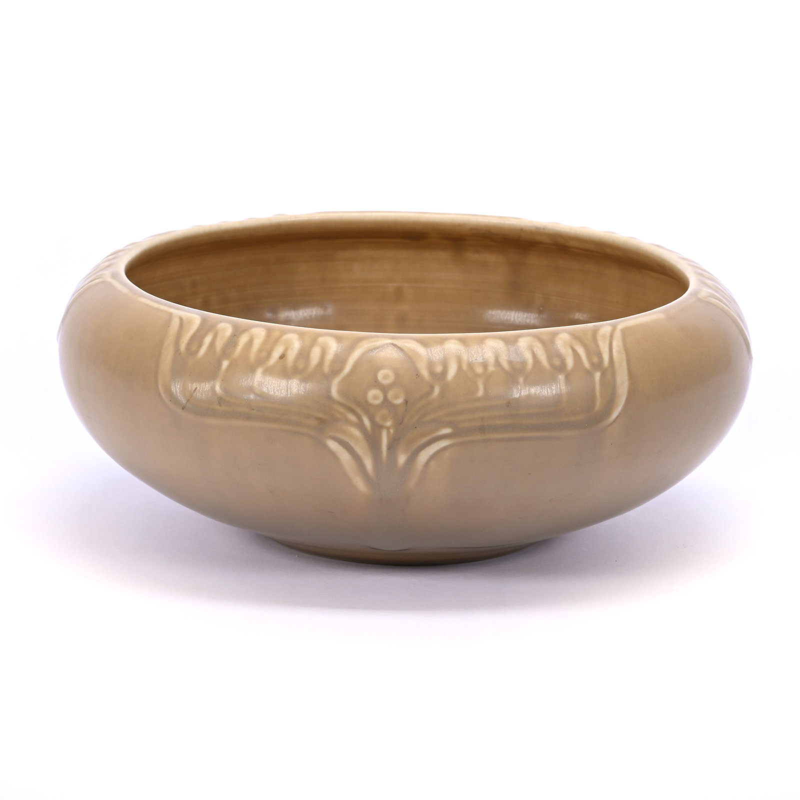 Bowl, Rolled Rim, Marked Rookwood Art Pottery Dated 1921, Model #2151: Bowl, Rolled Rim, Marked Rookwood Art Pottery Dated 1921, Model #2151, 3.5" x 9", Smoky Yellow (Buff Matte), California Private Collection.