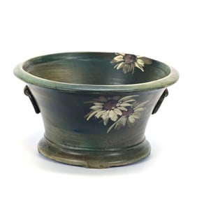 Bowl Marked Weller Copra Art Pottery, Green And Brown Tones, Floral Decor