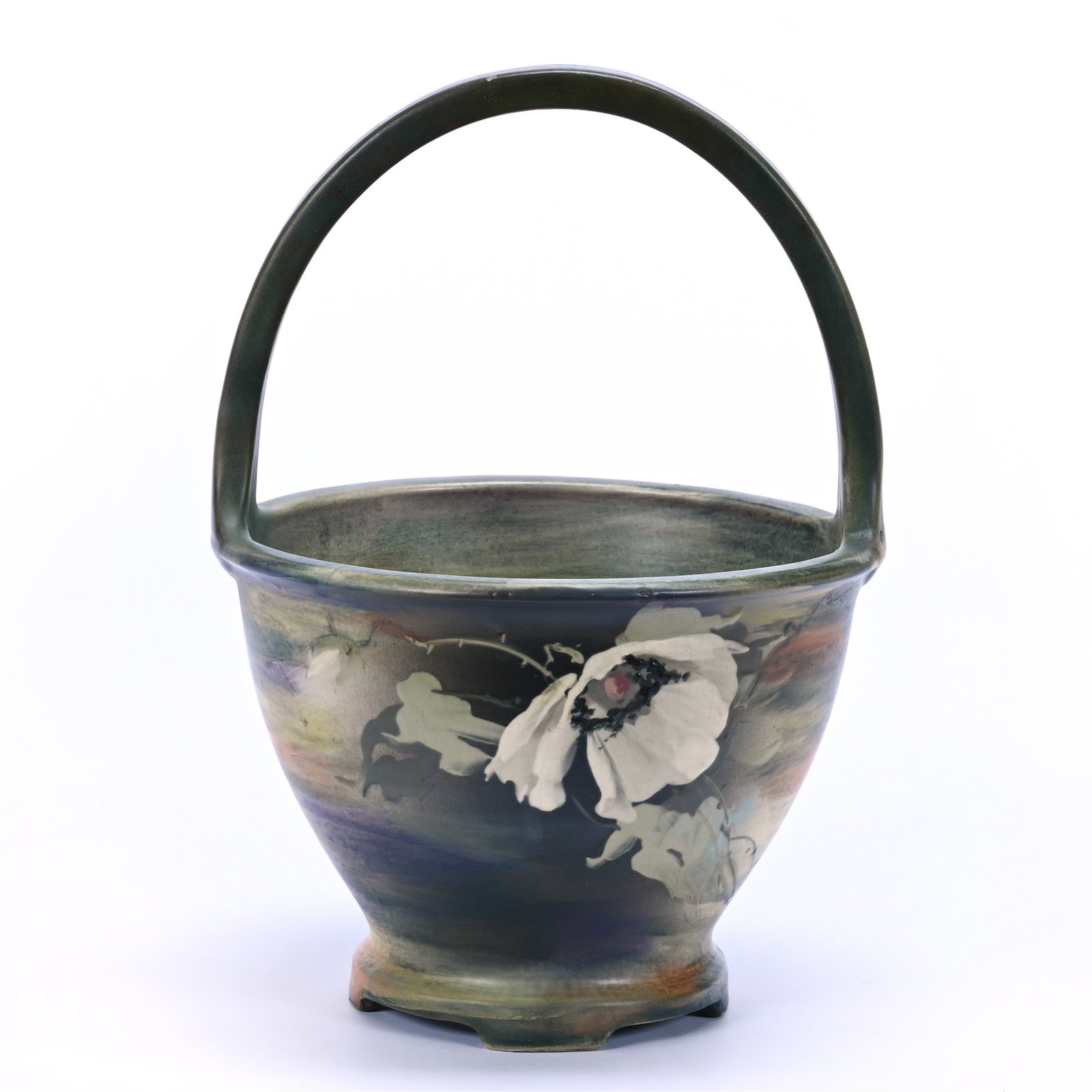 Basket Marked Weller Copra Art Pottery, Green, Brown And Lavender Tones, White Poppy Decor: Basket Marked Weller Copra Art Pottery, Green, Brown And Lavender Tones, White Poppy Decor, 10.5" x 7.25", Professional Handle Touch-Up, California Private Collection.