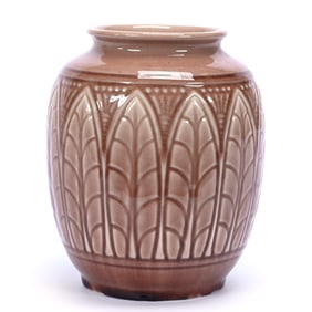 Vase Marked Rookwood Art Pottery Dated 1943, Stylized Leaf Design, Wine Madder Glaze