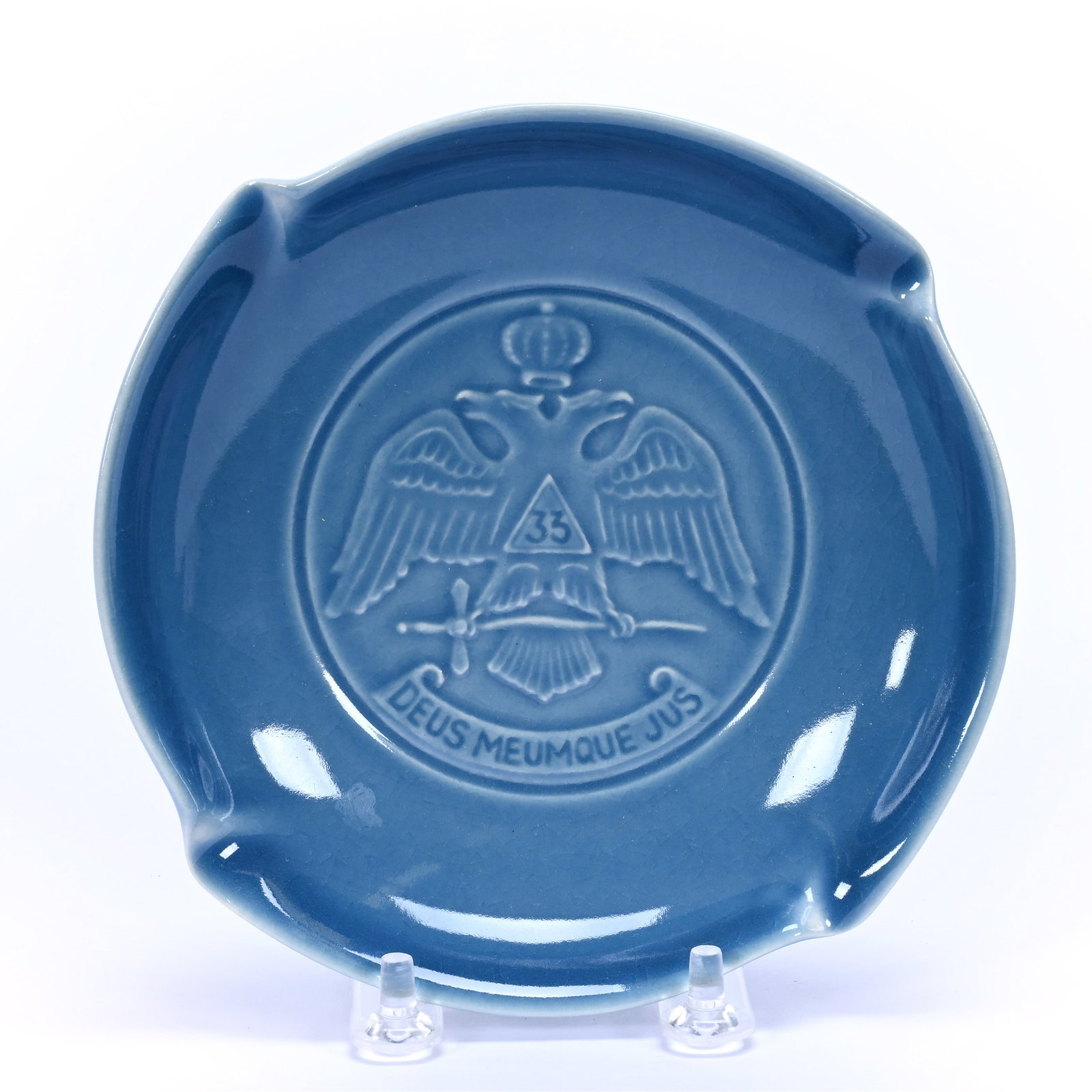 Ash Tray Marked Rookwood Art Pottery Dated 1956, Masonic Eagle Advertising: Ash Tray Marked Rookwood Art Pottery Dated 1956, Masonic Eagle Advertising, 6", Blue De Roi Glaze, Sells With Original Box, California Private Collection.