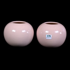 Pair Rose Bowls Marked Rookwood Art Pottery Dated 1942, Pink/Coral Glaze