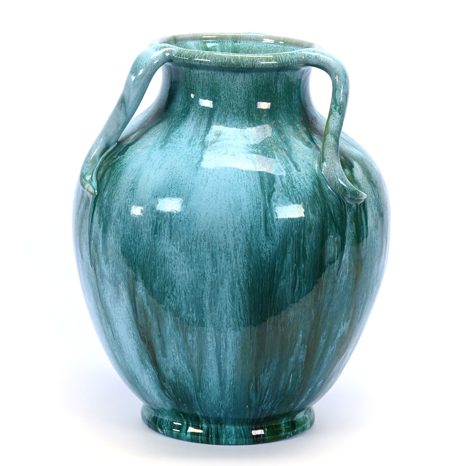 Vase, Three Handles, Unmarked Weller Art Pottery, Nile Pattern, Blue Green Glaze (1 of 3)