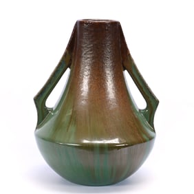 Vase, Two Handles, Marked Fulper Art Pottery, Copperdust And Green Flambe, Shape #572B