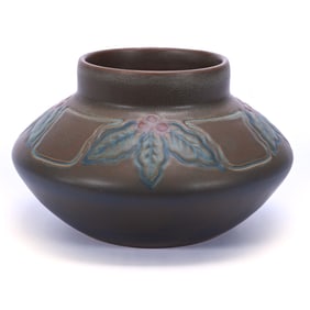 Squat Vase Marked Rookwood Art Pottery Dated 1912, Brown Carved Ombroso