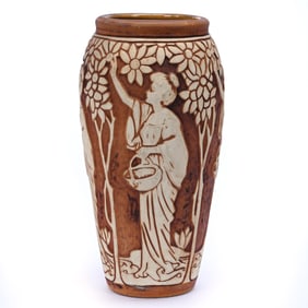 Vase, Unmarked Weller Dechiwo Art Pottery, Brown With White Relief Of Woman In Orchard