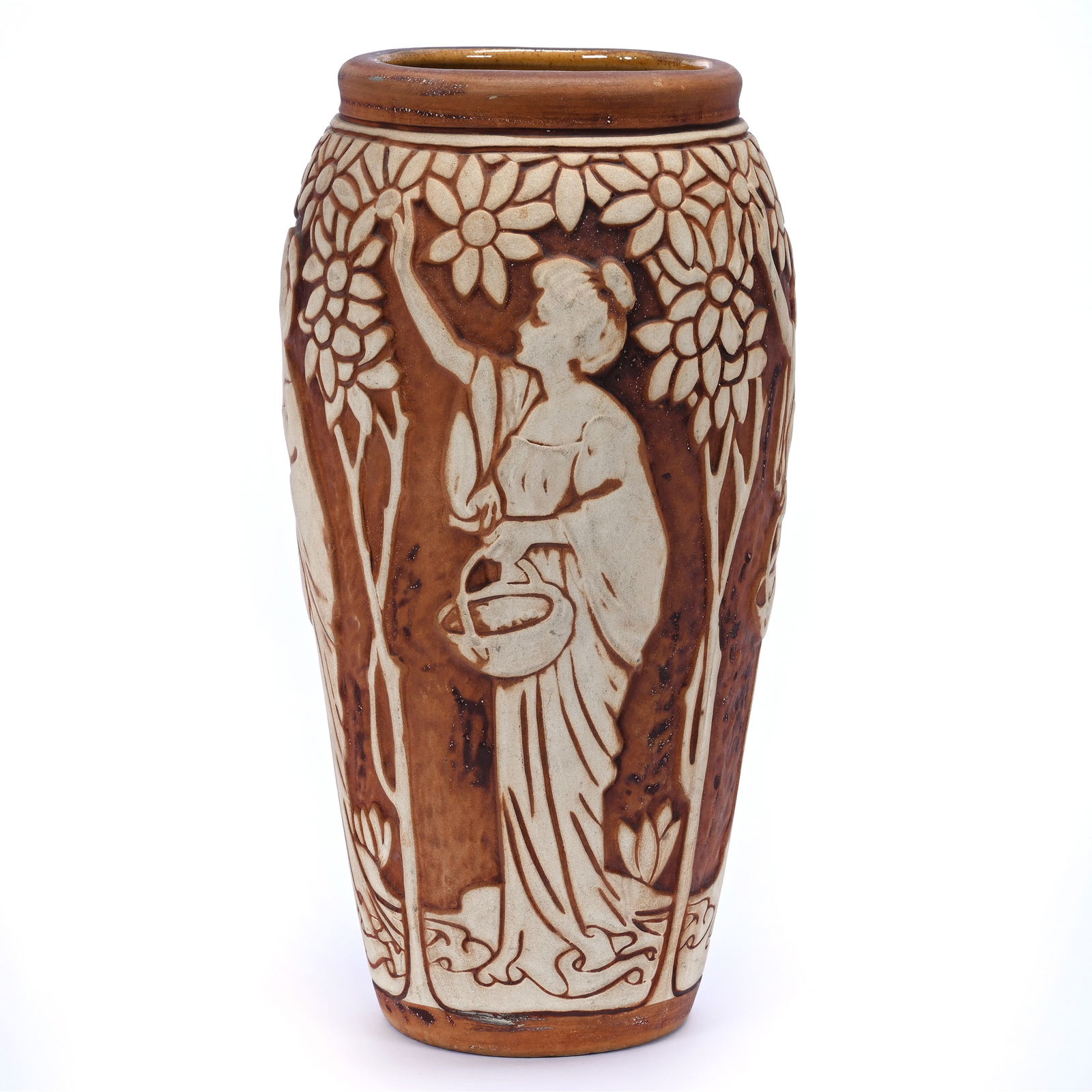 Vase, Unmarked Weller Dechiwo Art Pottery, Brown With White Relief Of Woman In Orchard (1 of 3)