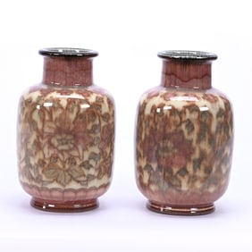 Pair Vases Marked Rookwood Art Pottery Dated 1925, Jewel Porcelain Wild Rose Decor