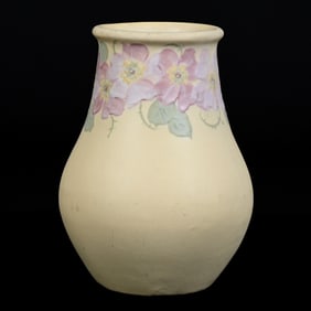 Vase Marked Weller Hudson Art Pottery, Unusual Satin Matte Yellow, Pink Poppy Decor