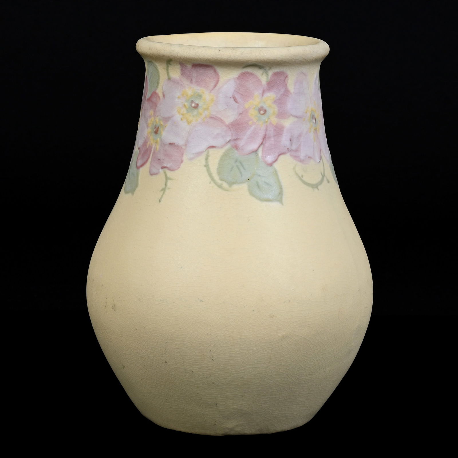 Vase Marked Weller Hudson Art Pottery, Unusual Satin Matte Yellow, Pink Poppy Decor (1 of 3)