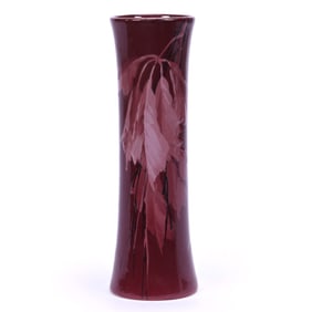 Vase, Unmarked Weller Louwelsa Art Pottery, Red Background, Pink Leaf And Branch Decor