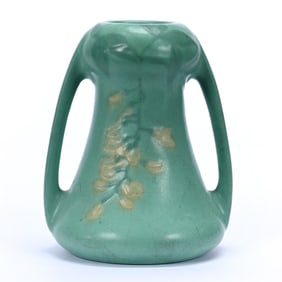 Vase, Two Handles, Marked Weller Fru Russet Art Pottery, Green Matte Glaze