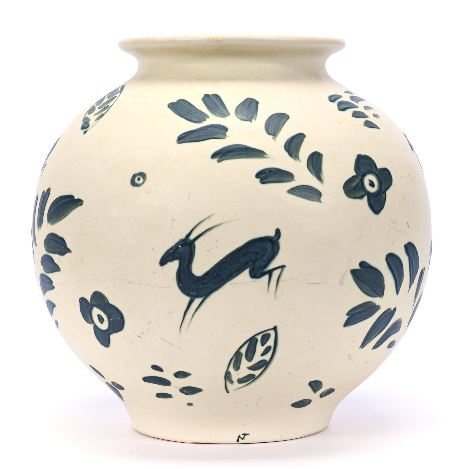 Vase Marked Weller Cretone Art Pottery, Mint (Cream With Antelope) And Floral Decor: Vase Marked Weller Cretone Art Pottery, Mint (Cream With Antelope) And Floral Decor, 9" x 9", Artist Signed, California Private Collection.