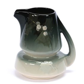 Waisted Pitcher Marked Weller Eocean Art Pottery, Green Shading To Cream, Holly Decor